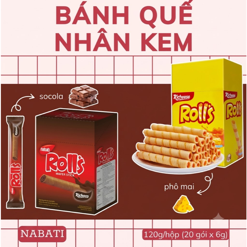 Bánh Quế Nabati Rolls Hộp 120g (20 Gói x 6g) - Phô Mai & Socola