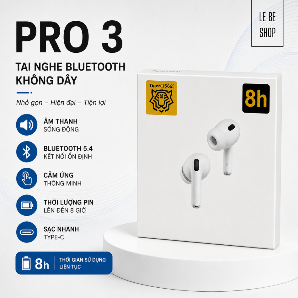 Tai Nghe Bluetooth Không Dây Pro 3 | Bluetooth 5.4 | Cảm Ứng Thông Minh | Sạc Type-C | Chip Tiger 15