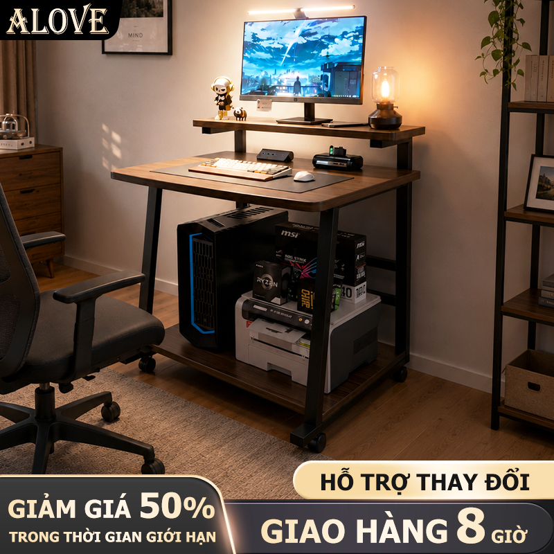Alove Bàn học di động nhỏ gọn có kệ nâng màn hình kệ dưới lưu trữ khung thép tiết kiệm không gian
