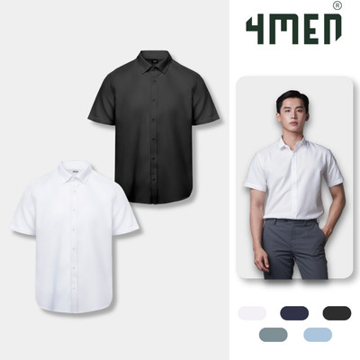 COMBO 2 Áo sơ mi nam tay ngắn trơn đẹp 4MEN SM087 vải lụa chéo mềm mịn, hạn chế nhăn, form tailored công sở trẻ trung