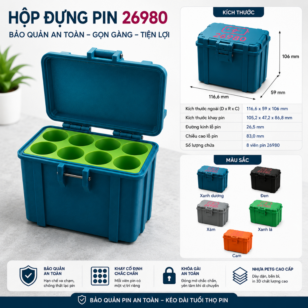 HỘP ĐỰNG 8 PIN 26980 IN 3D PETG – GỌN GÀNG, CHẮC CHẮN