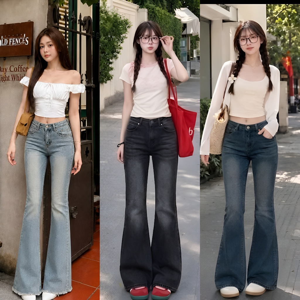 Quần bò jean nữ ống loe, đứng rộng suông xuông co giãn jeans cạp cao jeanshop_0603 ms04