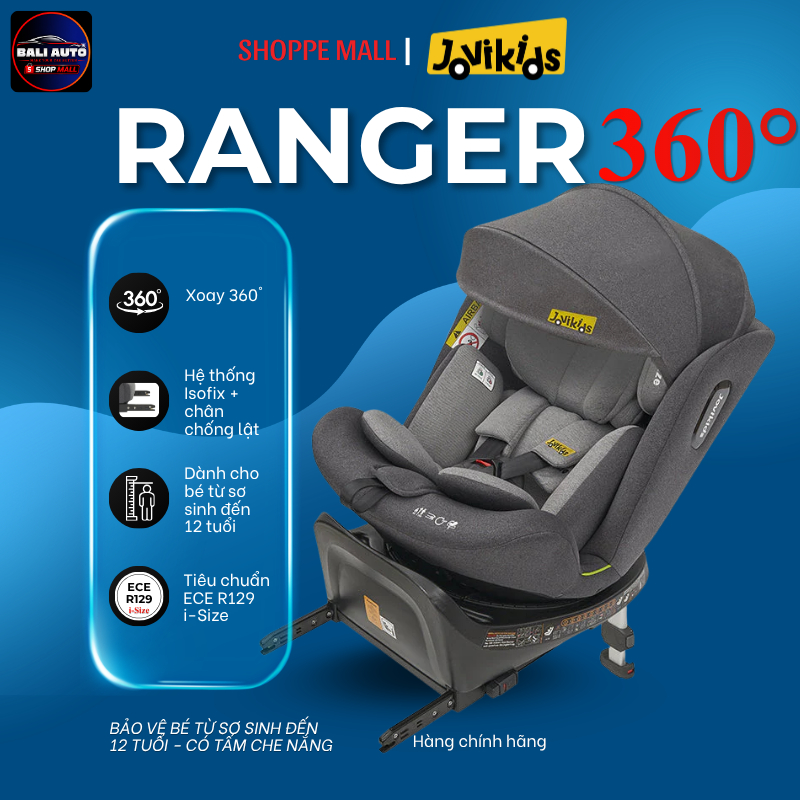 Ghế ô tô an toàn cho trẻ Jovikids Ranger - Xoay 360° ISOFIX + Chân chống lật cho bé từ 0-12 tuổi