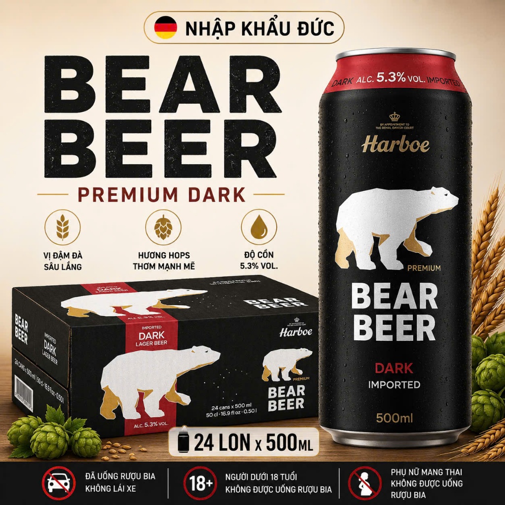 [HCM - HỎA TỐC] Bia Gấu Bear Beer Dark 5.3% thùng 24 lon 500ml