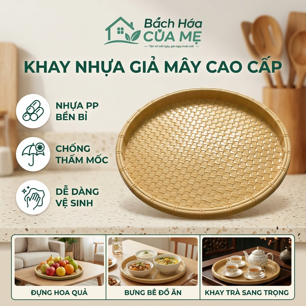 [34cm] Khay Tròn Mây Việt Nhật 3T4 34cm Đựng Trái Cây Bánh Kẹo Đa Năng KM2019