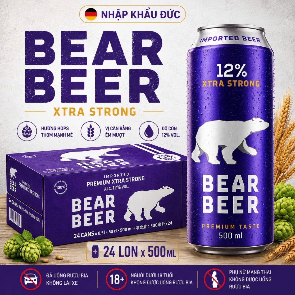 [HỎA TỐC HCM] Bia Gấu Bear Beer Xtra Strong 12% Thùng 24 Lon 500ML