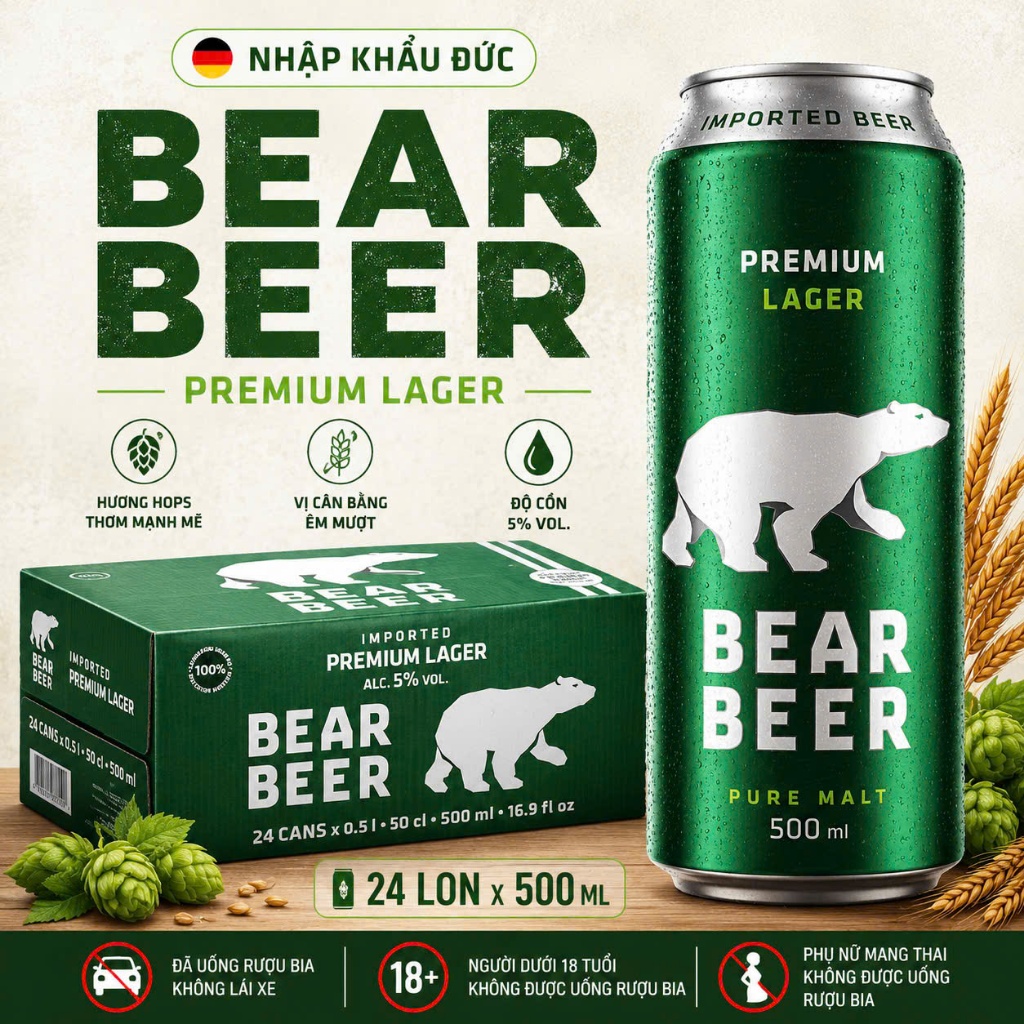 [HCM - HỎA TỐC] Bia Gấu Bear Beer Lager 5% Thùng 24 Lon 500ml