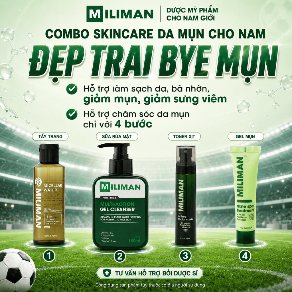 Combo Skincare Da Mụn Cho Nam MILIMAN Gồm Tẩy Trang, Sữa Rửa Mặt Nam, Toner Xịt, Gel Mụn