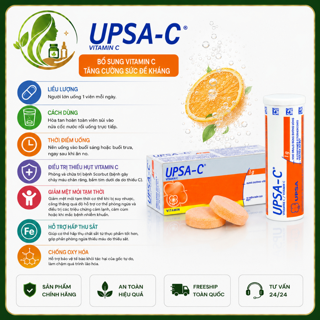 Viên Sủi Bổ Sung Vitamin C Upsa C tuýp 10 viên - Giúp Chống Oxy Hóa, Tăng Sức Đề Kháng Và Miễn Dịch