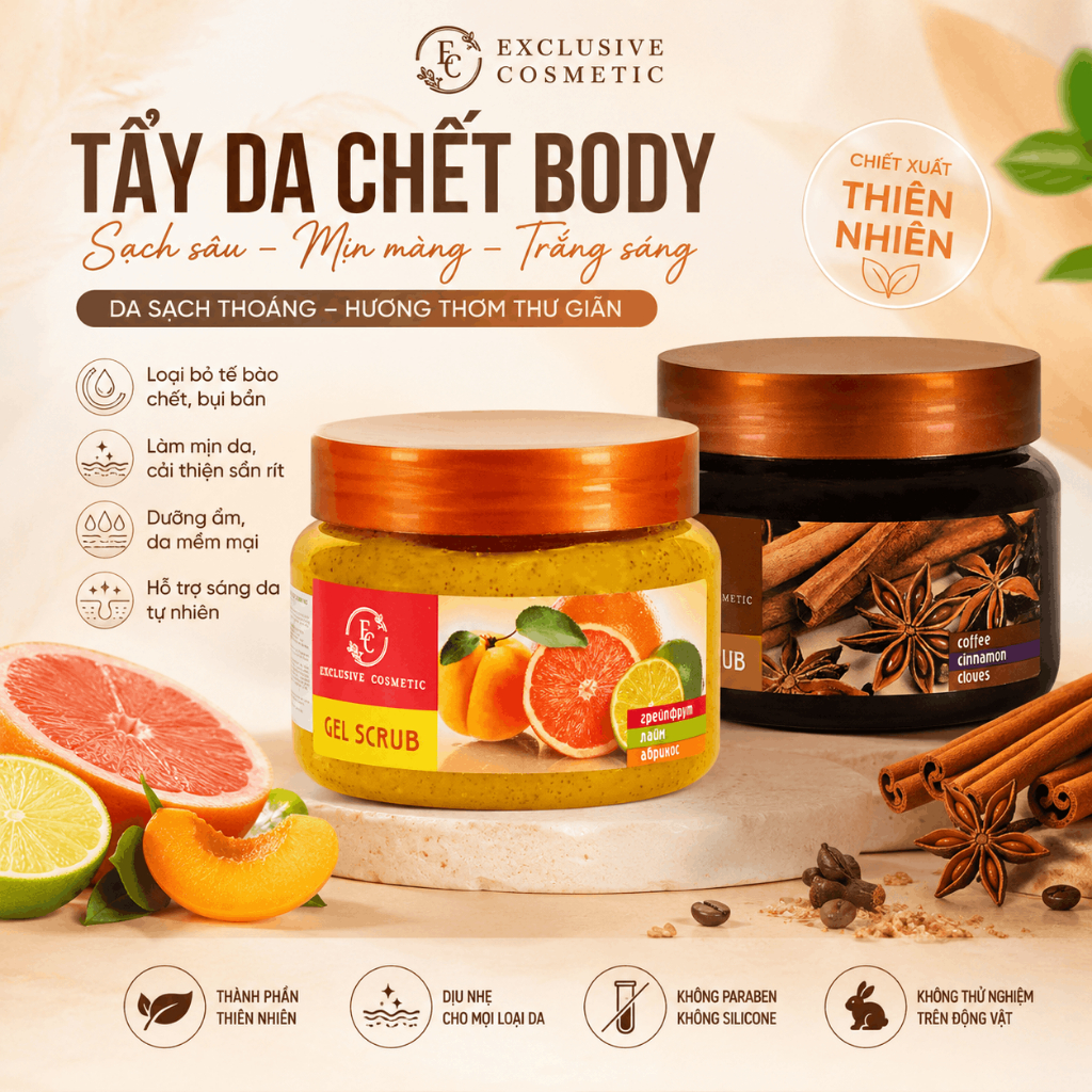 Combo Tẩy Tế Bào Chết Body Quế Hồi 380g & Cam Chanh 380g Exclusive Cosmetic Dưỡng Da Toàn Thân Trắng Sáng