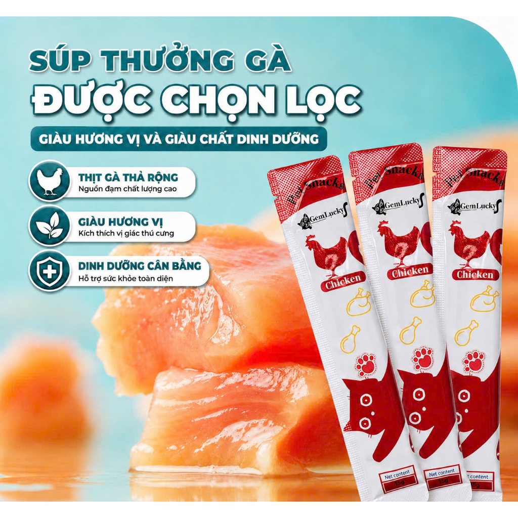 Combo 50-100 cây súp thưởng Súp Thưởng Gem Lucky, Súp Thưởng Cho Mèo Giàu Protein Thanh 15g