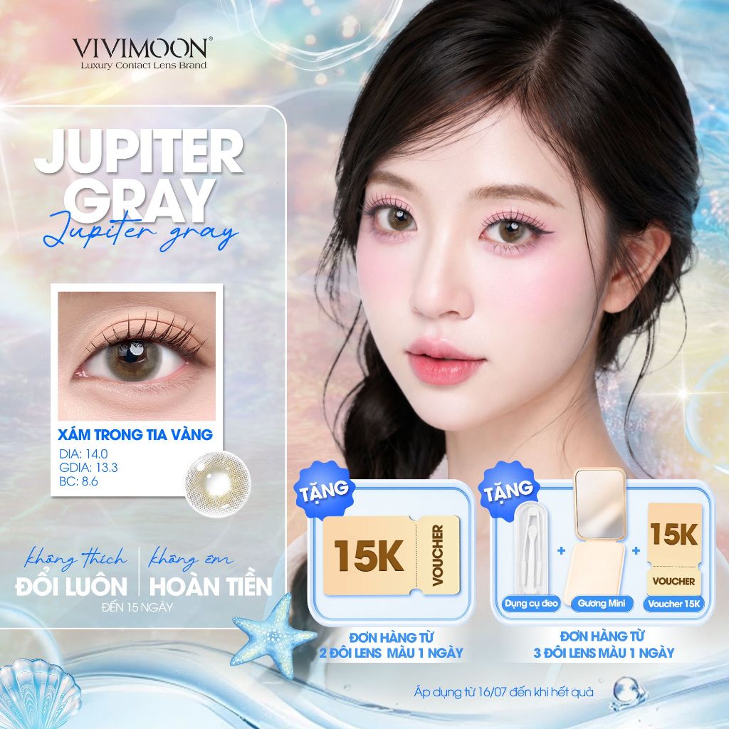 Lens VIVIMOON, Lens cận 1 ngày 14.0 giãn tròng nhẹ màu xám JUPITER GRAY, Kính áp tròng có độ cận từ 
