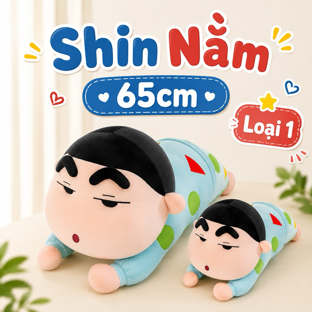 Gấu Bông Shin Nằm 65cm - 600 Gram Hàng Quảng Châu Cao Cấp, Gối Tựa Lưng Shin Mặc Quần Áo Pijama