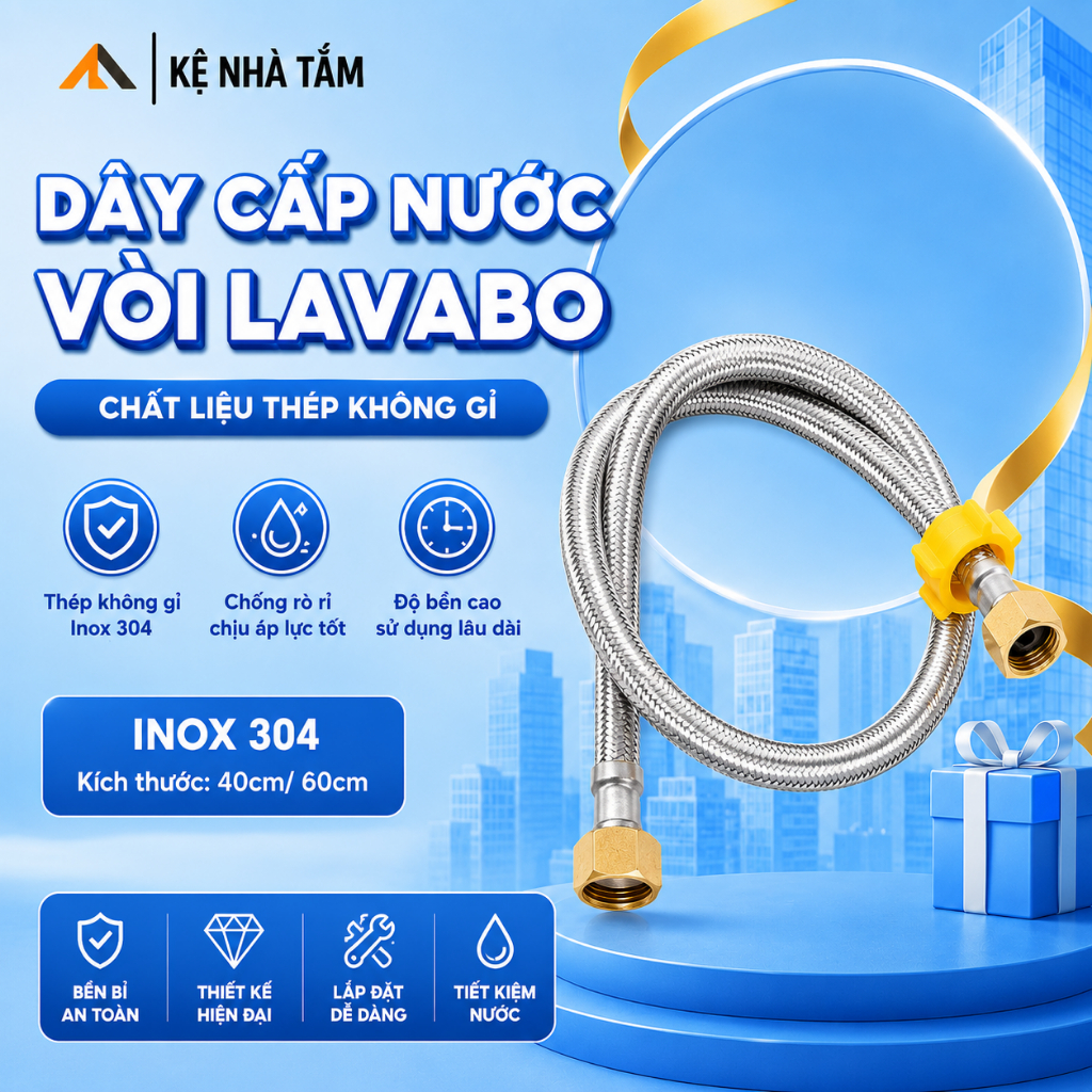 Dây cấp nước vòi lavabo, dây cấp nước bồn cầu, bình nóng lạnh 2 đầu ốc INOX 304 siêu bền DS008