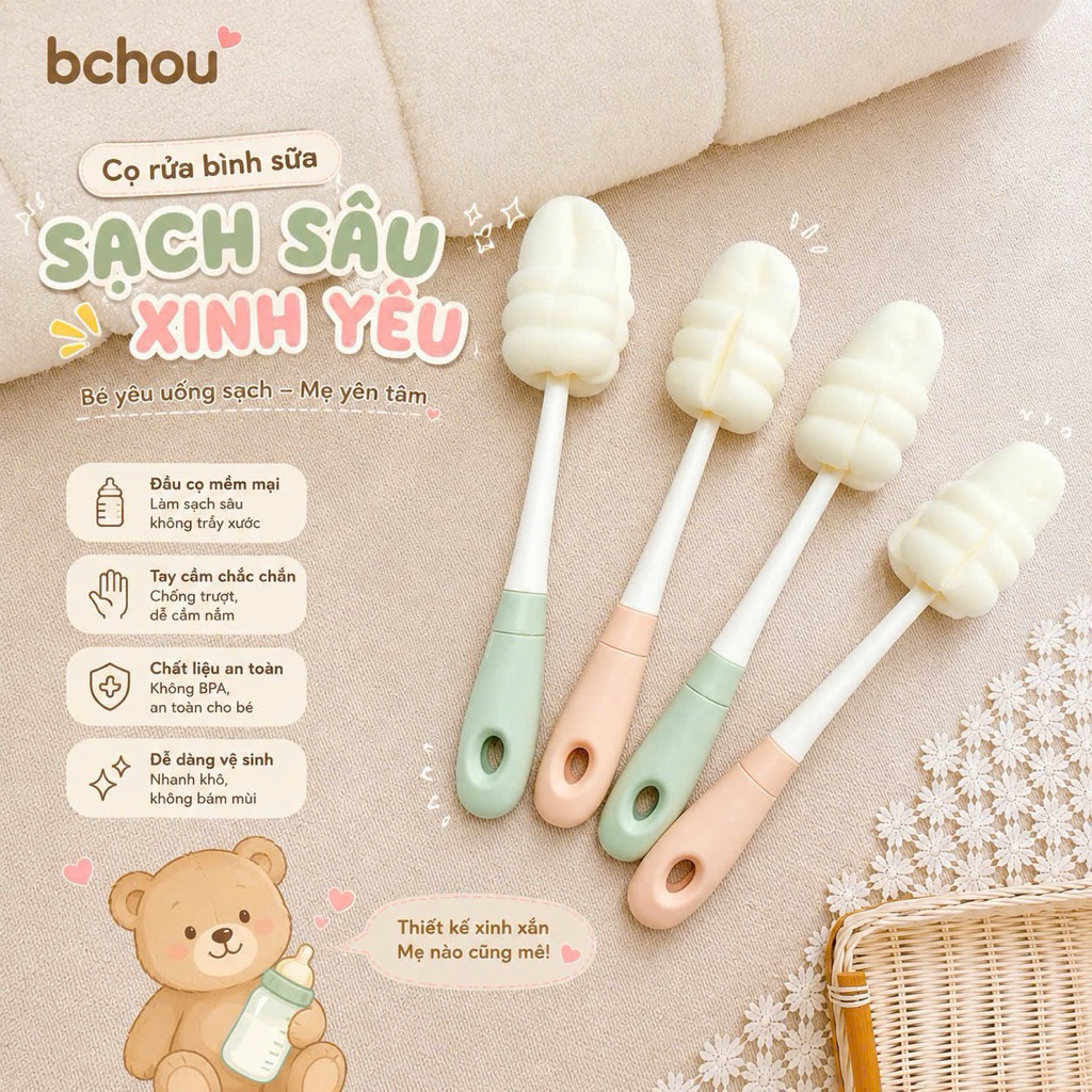 Que Cọ Rửa Bình Cao Cấp EmmaKids/ Bchou Đầu Bông Bọt Biển Xốp Giúp Vệ Sinh Sạch Bình