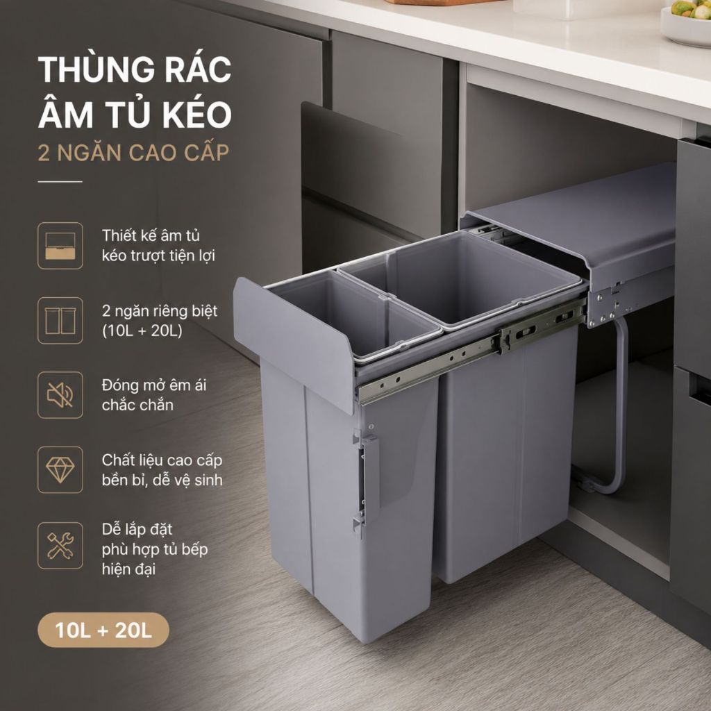 Thùng Rác 02 Ngăn Âm Tủ Bếp Nắp Kín - Thùng Rác Gắn Cánh Có Ray Kéo-Phụ Kiện Bếp Eurogold Chính Hãng