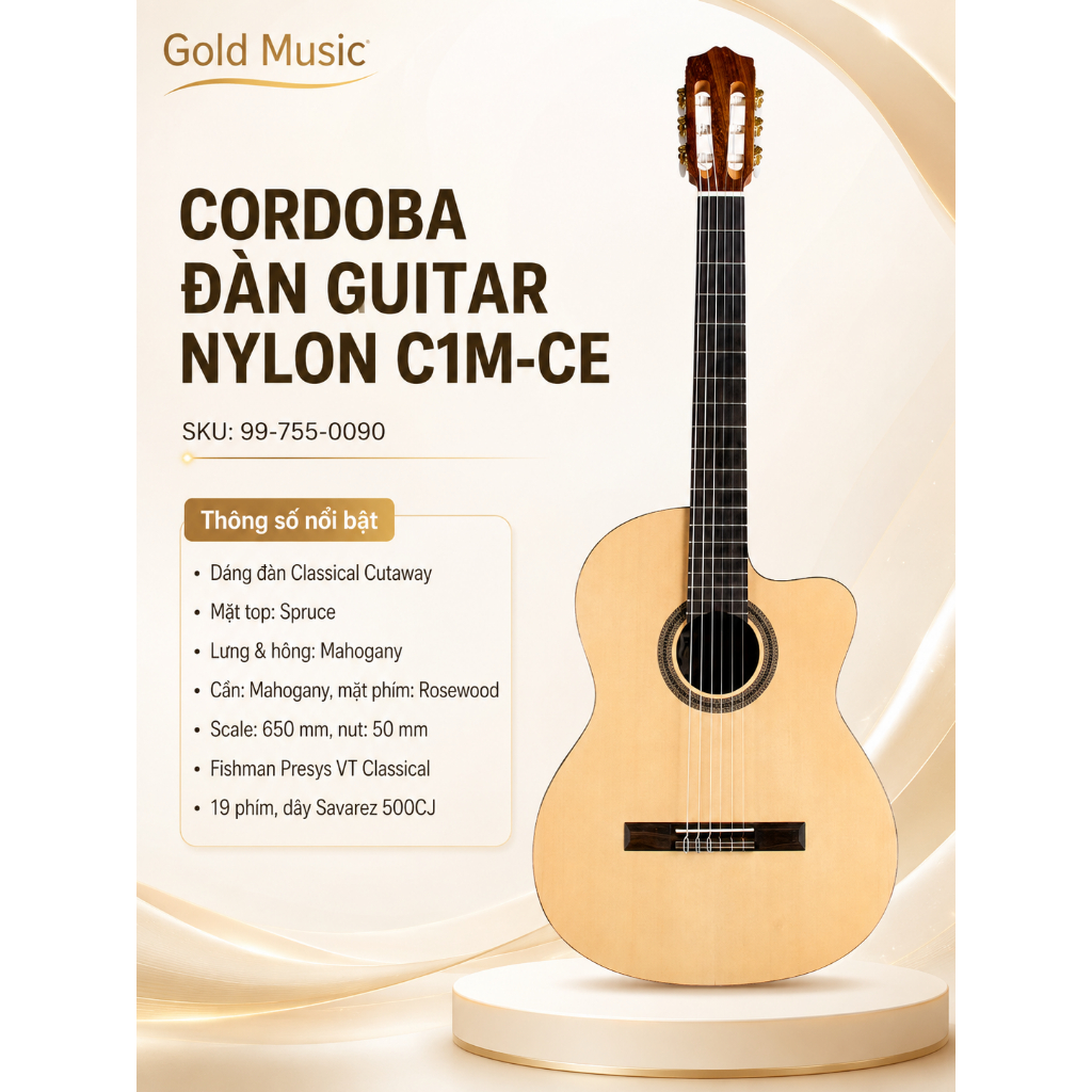Đàn Guitar Nylon Cordoba C1M-CE Có Điện, Dáng Cutaway