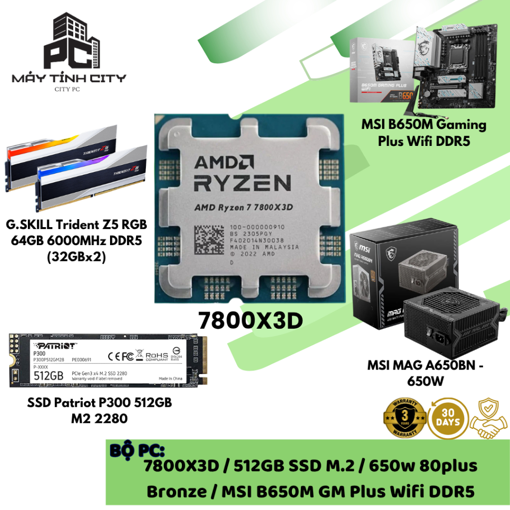 Bộ PC CPU AMD RYZEN 7 7800X3D+512GB SSD M.2 + 650w 80plus Bronze + MSI B650M GM Plus Wifi DDR5 + G.S