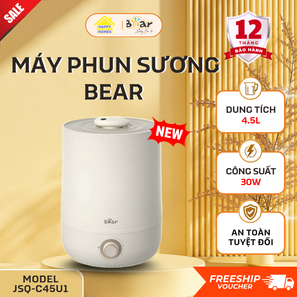 Máy Phun Sương Tạo Ẩm Bear JSQ-C45U1 Tự Động Cân Bằng Độ Ẩm Phòng,Thêm Tinh Dầu Tạo Mùi Thơm - Happy