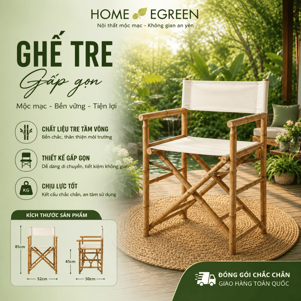 Ghế Tre Gấp Gọn Home Egreen Ghế Xếp Tre Vải Canvas Cho Ban Công Homestay Resort