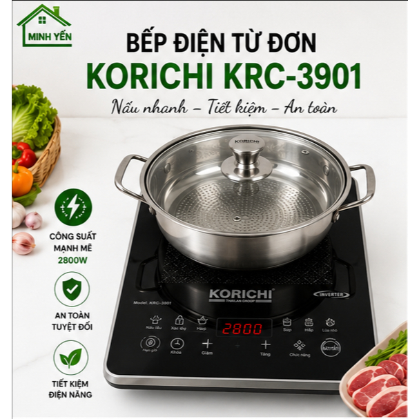 Bếp điện từ đơn Korichi KRC-3901 2800W Inverter mặt kính chịu nhiệt cảm ứng tặng nồi lẩu inox chính 
