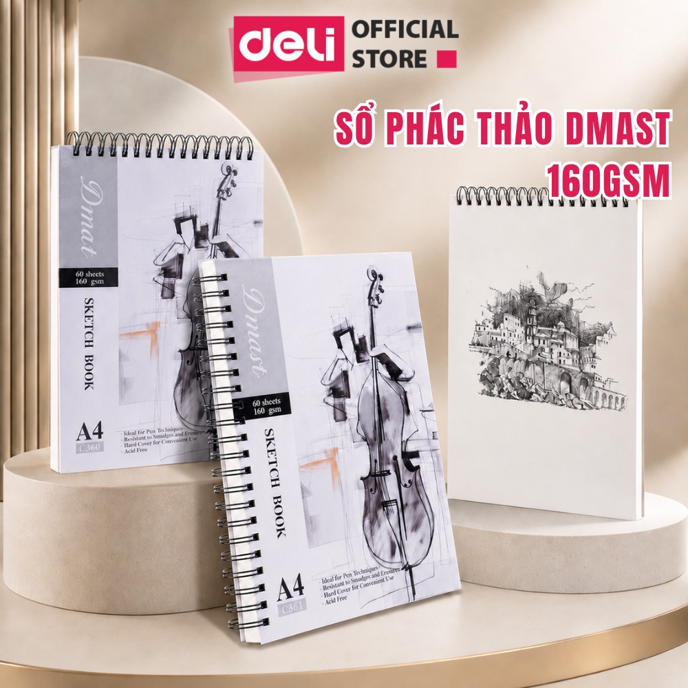 Sổ Vẽ Chuyên Dụng A3 A4 Dmast Cao Cấp Deli - 160/ 300gsm Vẽ Chì Phác Họa Sketchnote Màu Nước Cơ Bản 