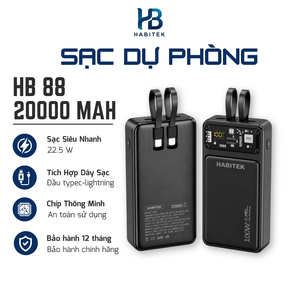 Pin Sạc Dự Phòng 20000mAh Habitek HB88 Sạc Nhanh 100W Có Sẵn Cáp Sạc iPhone Samsung , Màn Hình LED