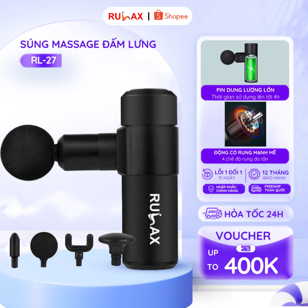 Máy Massage Cầm Tay Rulax RL-27, Súng Massage Toàn Thân 4 Đầu Thay Thế