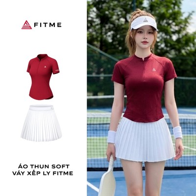 Bộ đồ tập tennis pickleball nữ Fitme SOFT áo thun Đỏ Burgundy tôn dáng, chân váy Trắng xếp ly kèm quần bảo hộ