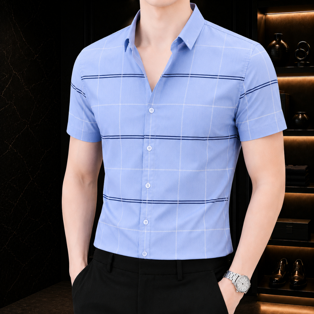 Áo sơ mi nam tay ngắn Hàn Quốc phối họa tiết caro BR555 thời trang PONIVALAZA cao cấp