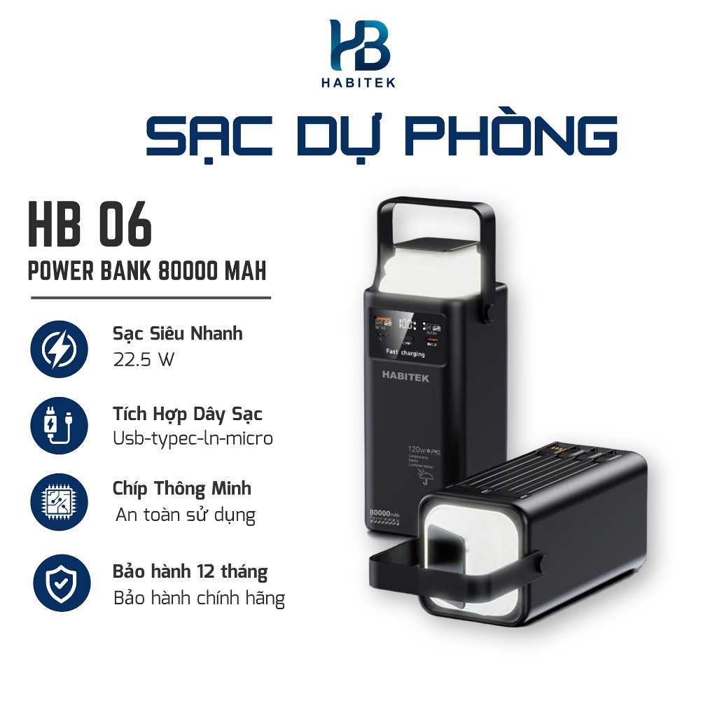 Pin Sạc Dự phòng 80.000mah Habitek HB06 Bản Cao Cấp, Hỗ Trợ Sạc nhanh 120W/22,5W, Tích Hợp Sạc Nhanh