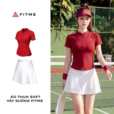 Bộ đồ tập tennis pickleball nữ Fitme SOFT áo thun Đỏ tôn dáng, chân váy Trắng thoáng khí kèm quần bảo hộ