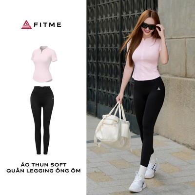 Bộ đồ tập gym, yoga nữ Fitme áo thun SOFT, quần legging Zeta đen co giãn 4 chiều