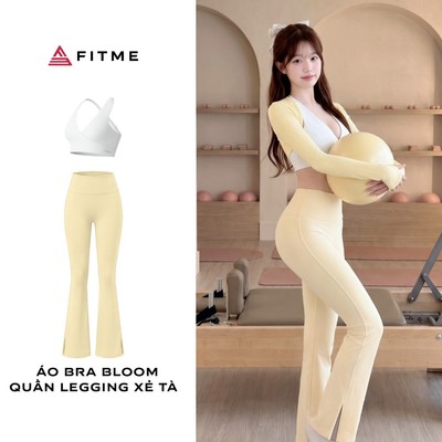 Bộ đồ tập gym, yoga nữ Fitme áo bra Bloom trắng (không kèm áo khoác), quần legging ống loe tôn dáng