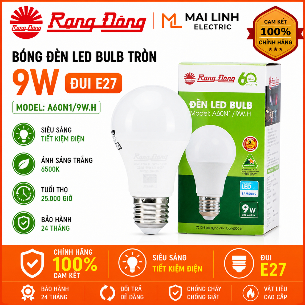 [Chính Hãng] Bóng đèn LED bulb tròn 9W Đui E27 Rạng Đông, siêu sáng, tiết kiệm điện Model Led BULB A