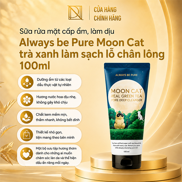 Sữa rửa mặt cấp ẩm, làm dịu Always be Pure Moon Cat trà xanh làm sạch lỗ chân lông 100ml