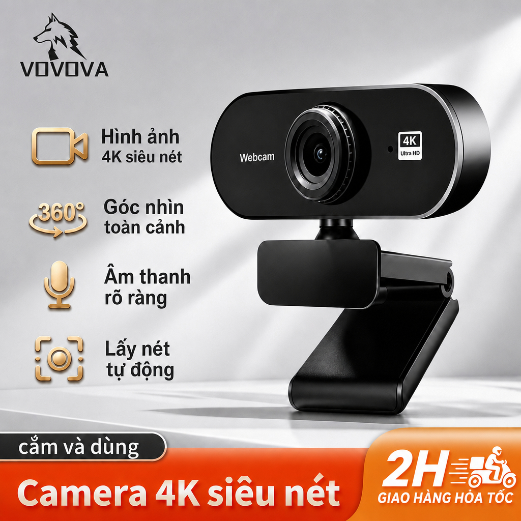 Webcam 4K/2K/1080P/720P Xoay 360° Có Mic Cổng USB VOVOVA - Camera PC & Laptop - Livestream, Học Onli