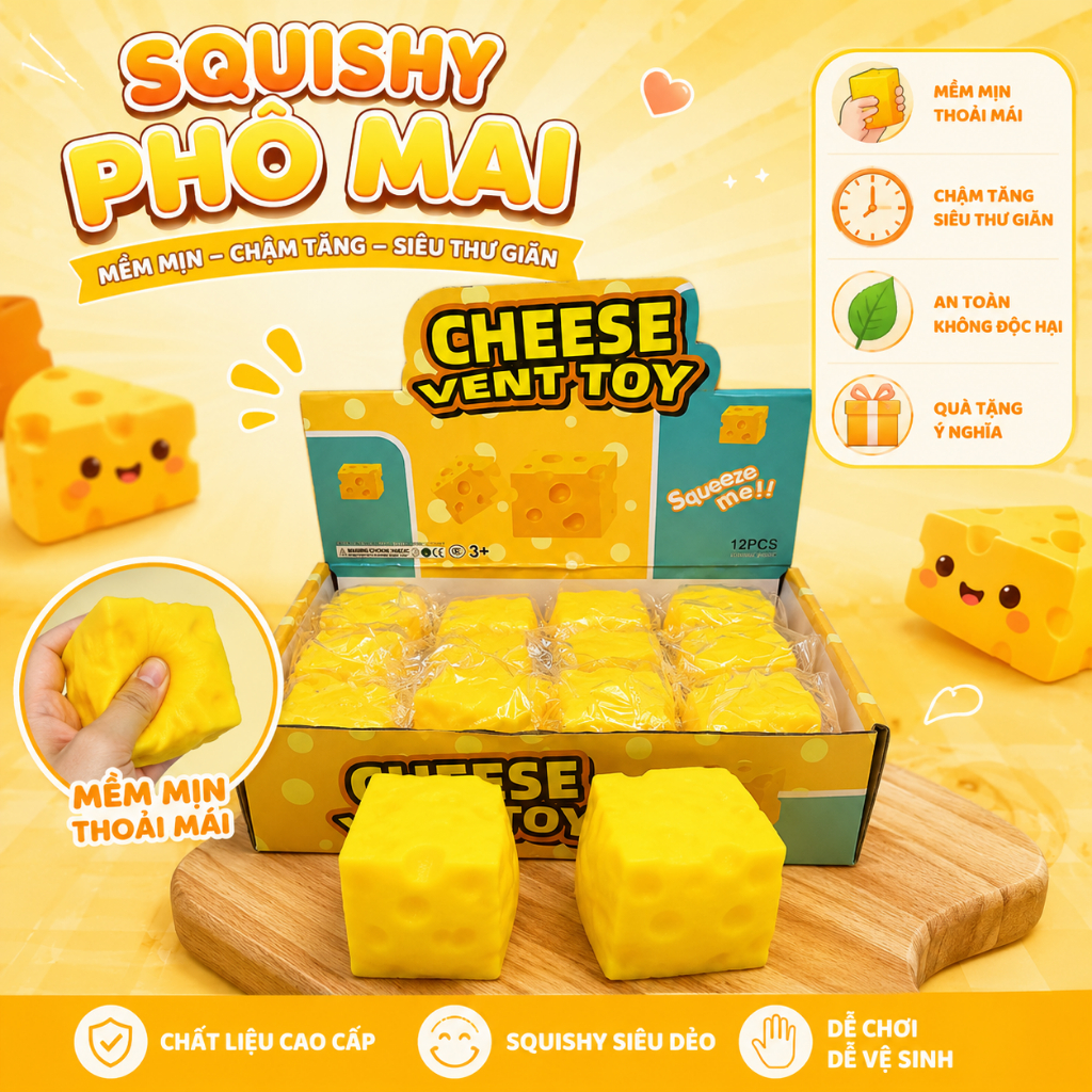 Squishy Phô Mai Cheese Cube Siêu Mềm Kawaii Đồ Chơi Bóp Giảm Stres Mochi Squishy Cute
