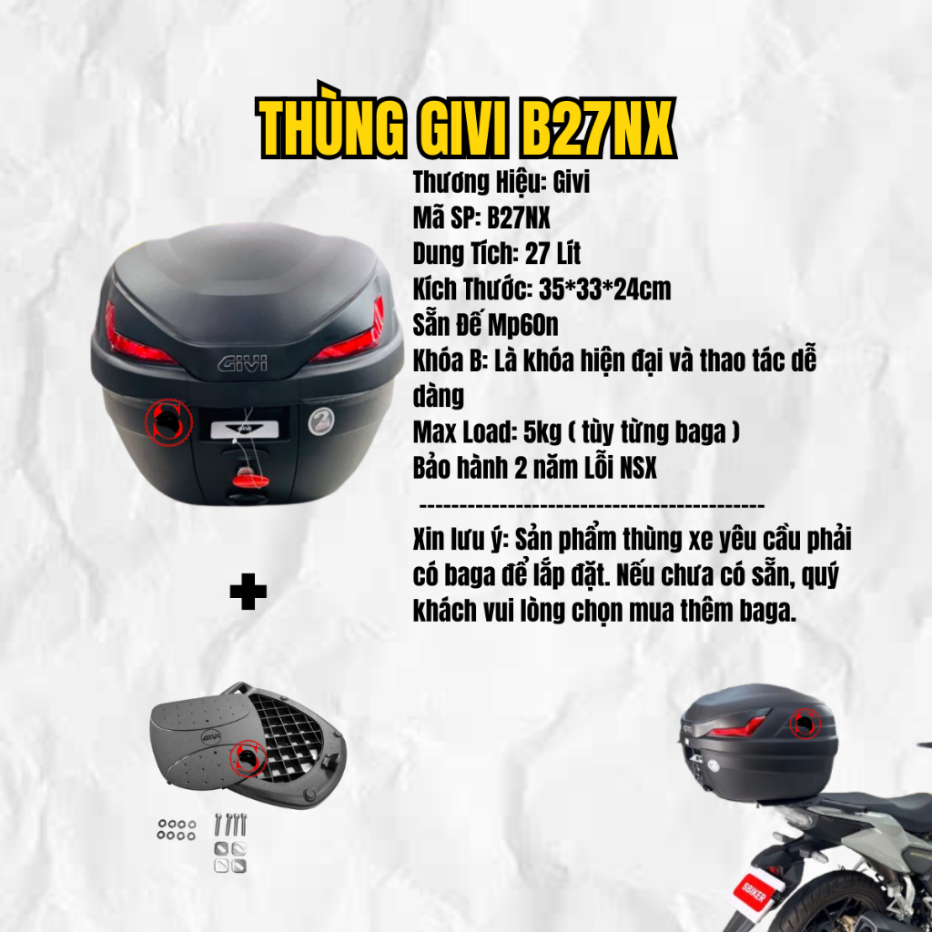 Thùng Givi 27 Lít B27NX mới nhất 2024 - Chính Hãng sẵn đế