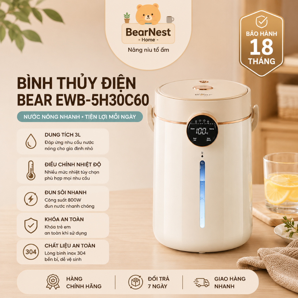 Bình thủy điện Bear 3L EWB-5H30C60 đun nước giữ nhiệt lâu tiện lợi gia đình