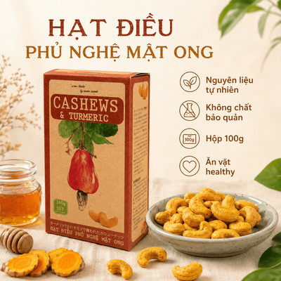 Hộp Điều Phủ Nghệ Mật Ong Nam Xanh 100g (130g), Hạt Điều loại 1, Ăn Vặt Dinh Dưỡng