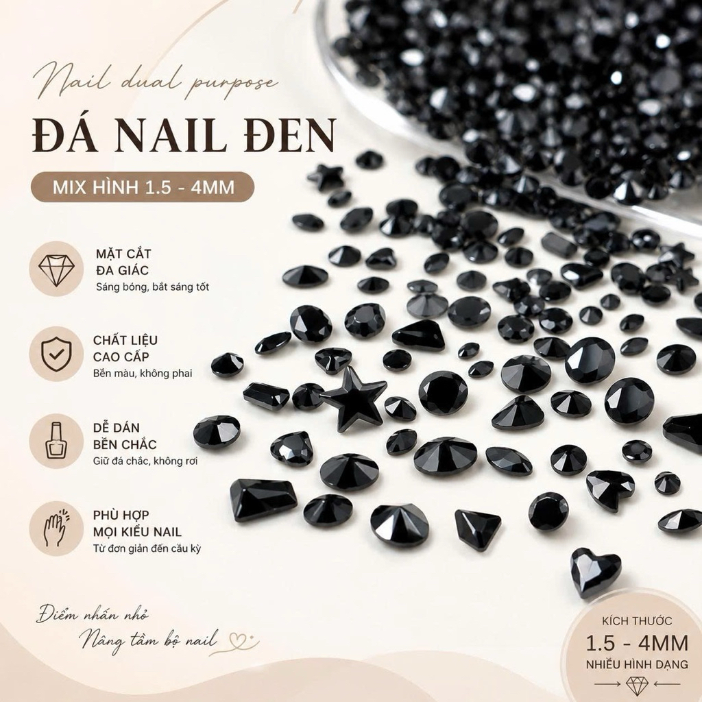Đá Nail Đen Mix Hình 1.5-4mm Đính Móng Cao Cấp Đá Đính Nail Trang Trí Móng Tay Nail Art NC22