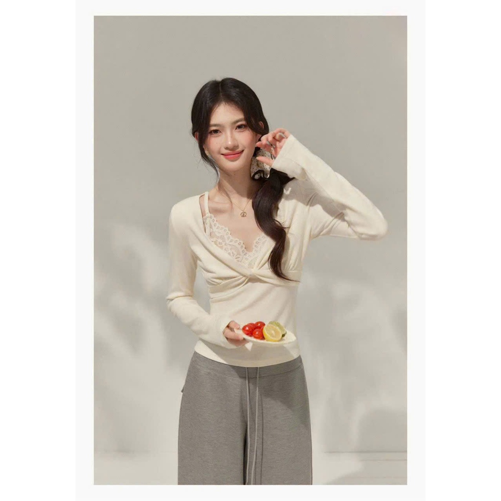 ÁO THUN NỮ TAY DÀI CỔ TIM PHỐI REN #OYANXI M1407 T24.157