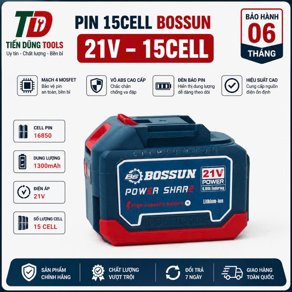 Pin 15cell BOSSUN - Mạch 4 mosfet - Vỏ ABS - Có đèn báo pin - Chân pin phổ thông dùng cho máy khoan, máy siết bulong