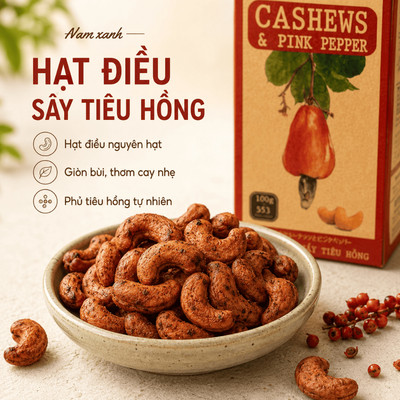 Hộp Hạt Điều Ăn Vặt Nam Xanh, Điều Sấy Tiêu Hồng, Không Chất Bảo Quản, Không Sử Dụng Dầu, Hộp 100g