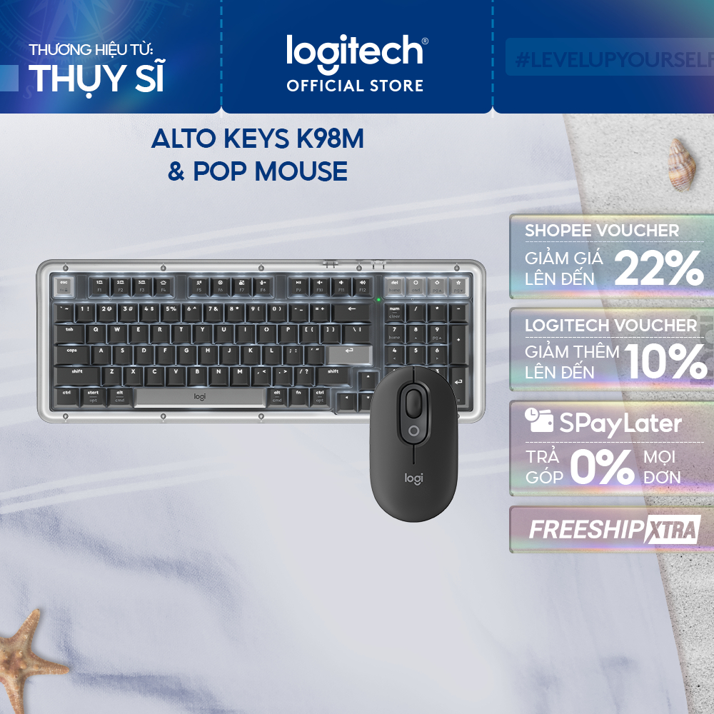 Combo Bàn phím Logitech Alto Keys K98M & Chuột POP Mouse - Emoji tùy chỉnh, Đệm hấp thụ rung động