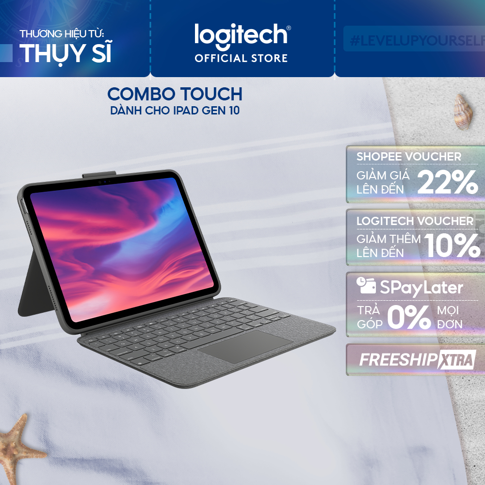 Bao da case kèm phím Logitech Combo Touch dành cho iPad Gen 10 (10.9 inch) - Tháo rời Trackpad