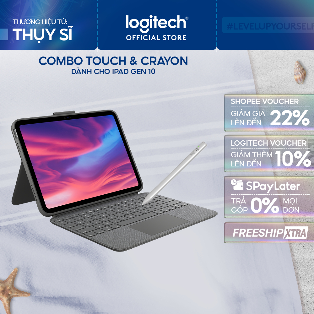Bao da kèm phím Logitech Combo Touch dành cho iPad Gen 10 (10.9 inch) & Bút cảm ứng Logitech Crayon