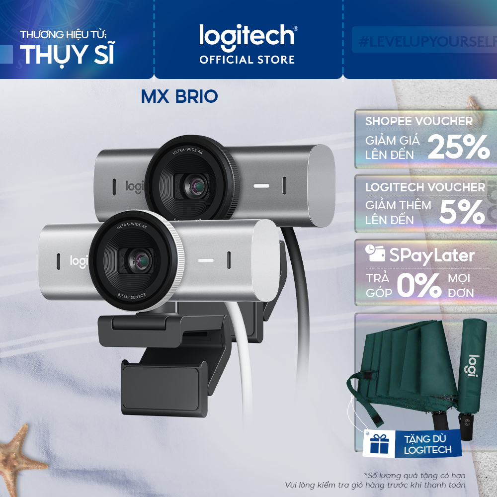 Webcam Logitech MX BRIO Ultra HD 4K - Hội họp & truyền trực tuyến, Mic kép giảm ồn, Show Mode, USB-C