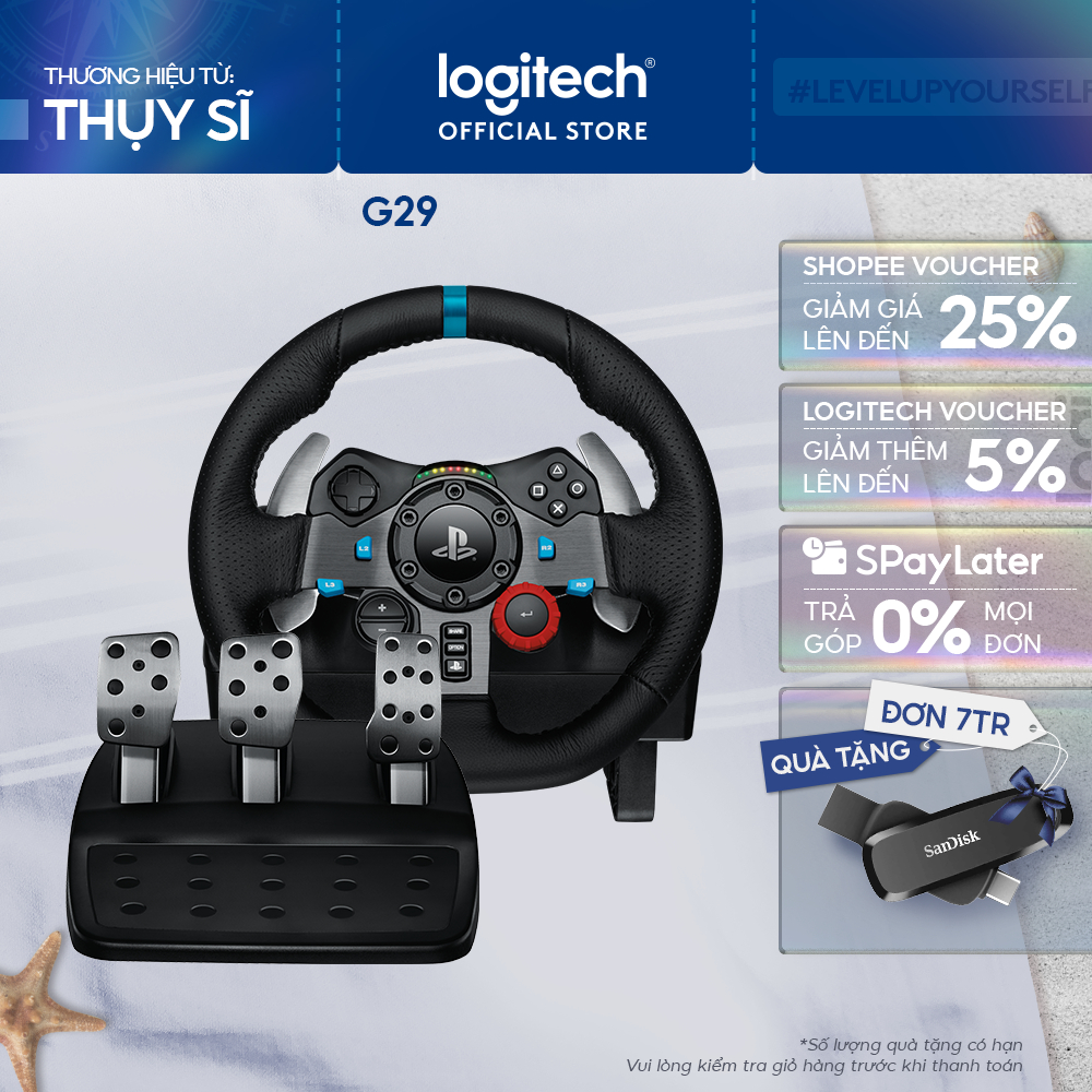 Vô lăng đua xe Logitech G29 Driving Force và bàn đạp thép không gỉ, tay lái bọc da, phù hợp PS5, PS4